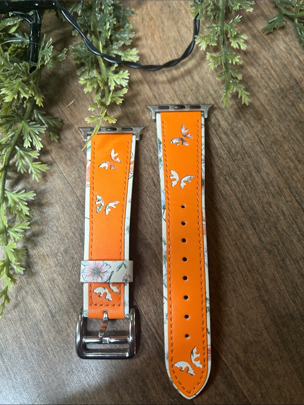 Orange Floral Accent Leather I phone Watch Band like new